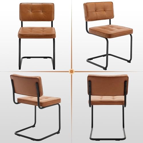 Zesthouse Industrial Metal Dining Chairs Set of 2, Upholstered Leather Kitchen Chairs with Black Metal Base, for Kitchen & Dining Room Living Room, Mid Century Breuer Design Inspired, Armless, Brown