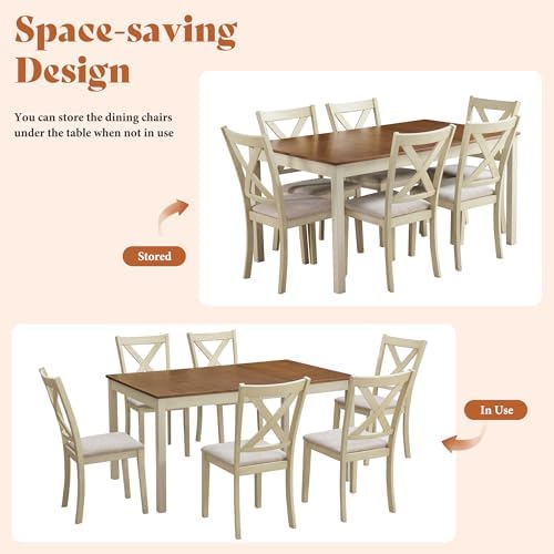 AMERLIFE 7-Piece Farmhouse Solid Wood Dining Table Set for 6, Rustic Cream