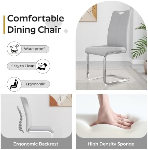 yeag Modern Dining Chairs Set of 6, Upholstered Kitchen Room Chairs High Back, Faux Leather Dining Chairs with Silver Metal Legs, Armless Side Chair for Kitchen Room, Living Room, Apartment, Gray
