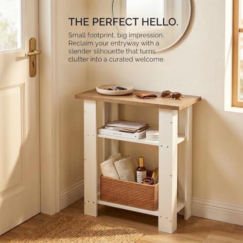 White Side Table with Oak Top, 3 Tier Farmhouse End Table, 22.8" H