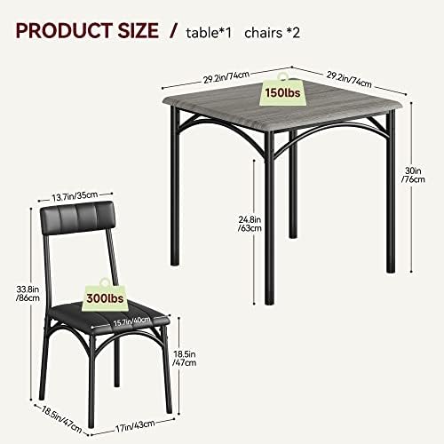 GAOMON Dining Table Set for 2, Kitchen Table and Chairs for 2 with Upholstered Chairs, 3 Piece Dining Room Table Set, Square Kitchen Table Set for Small Space, Apartment, Studio, Rustic Gray