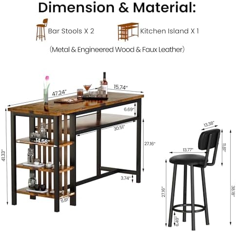 DKLGG 3-Piece Bar Table and Chairs Set, Counter Height Dining Table Set with Storage & 2 Upholstered Stools, Hightop Kitchen Bar Table for Small Space, Pub & Bistro