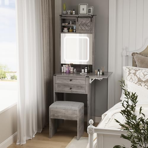 ARTETHYS Farmhouse Small Vanity Desk with Mirror Cabinet & Storage Chair