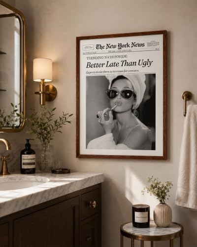 iHery 12x16in Audrey Hepburn Better Late Than Ugly Framed Bathroom Art