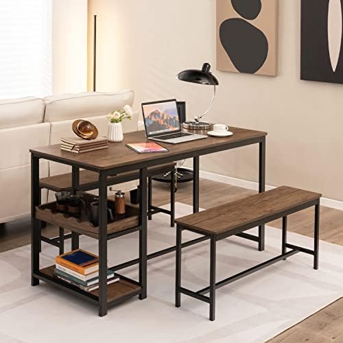 GIANTEX Dining Table Set for 4, 3-Piece 55" L Kitchen Table Set w/ 2 Benches, Breakfast Table w/ 5-Bottle Wine Rack & Glass Holder, Space-Saving Dinette Set for Dining Room, Kitchen, Apartment