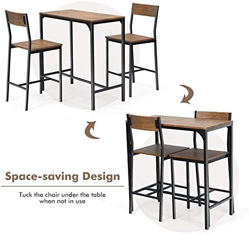 GIANTEX 3 Piece Pub Table Set, Bar Table and Chairs Set of 2, Kitchen Counter Height Dining Table Set, Dinette Set for Small Space Apartment Breakfast Nook Restaurant, Rustic Brown