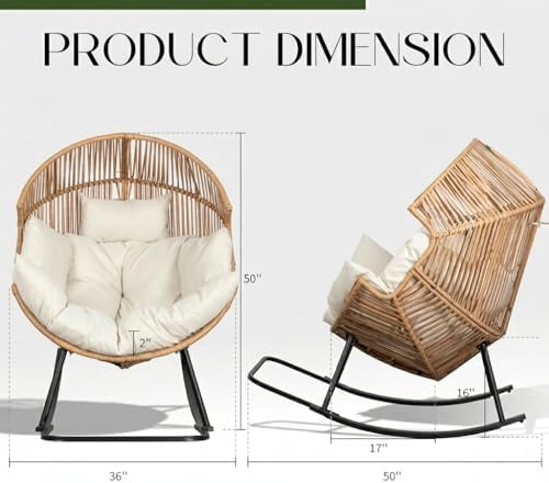 Oversized Outdoor Rocking Chair Set of 2, Wicker Egg Patio Lounge Chair Baske...