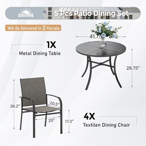 5pc Patio Dining Set for 4, Outdoor 42" Round Metal Table & 4 Brown Chairs
