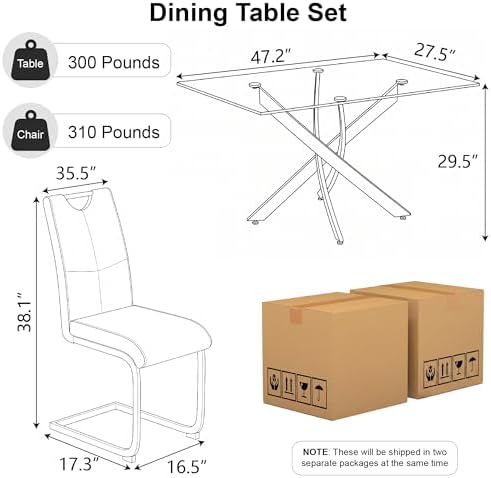 5 Piece Dining Table Set for 4, Modern Tempered Glass Kitchen Table with 4 Upholstered Chairs and Faux Leather Cushions, Space-Saving Small Apartment Dining Kitchen Room Set