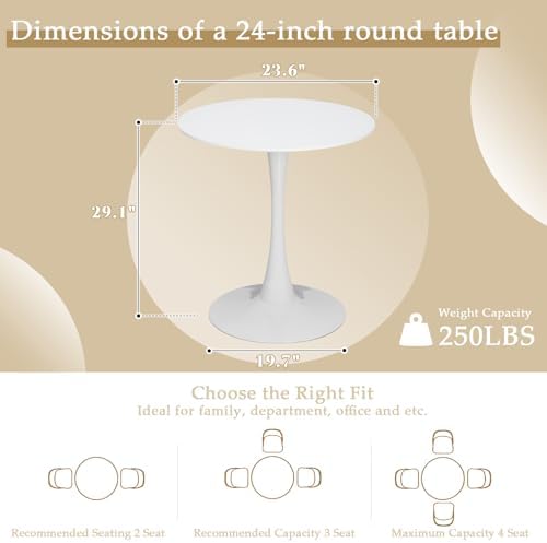 Dining Table and Dining Chair Set 23.6" White Round Table&2 Boucle Upholstered Black Legs Chairs for Kitchen Dining Room Small Space 3 Piece Dining Table and Chair Set（Beige）