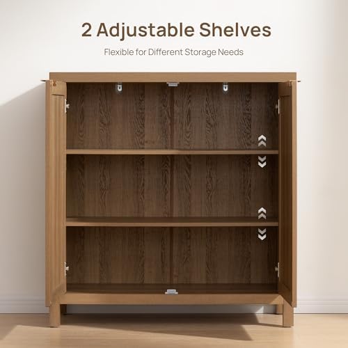 SICOTAS Sideboard Buffet Cabinet with Large Storage, Rattan Boho Credenza