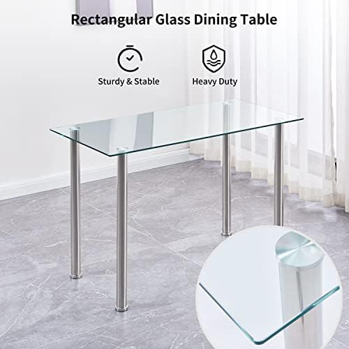 Dining Table Set for 4, 5 Piece Kitchen Table and Chairs for Dinette, Apartment, Compact Space-Saving w/Tempered Glass Tabletop and 4 Upholstered Chairs, Clear/Silver+Slate Gray