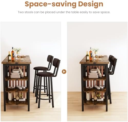 Recaceik 47" Bar Dining Table Set for 2, 3 Piece Bar Table and Chairs Set, Kitchen Counter Height Dining Table Set, Small Kitchen Bar Table with Storage & 2 Stools, Breakfast Nook Set for Small Space