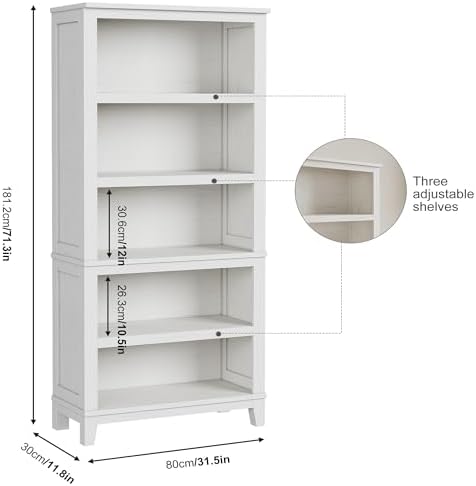 IDEALHOUSE 71" Tall Farmhouse Bookshelf with Adjustable Shelves(White)