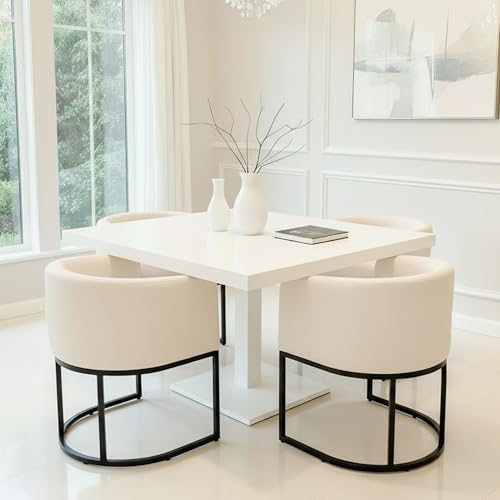 HNY Mid Century Modern Upholstered Barrel Dining Chairs with Arms Set of 6, Linen Kitchen & Dining Room Chairs, 18.5" Wide Accent Chairs for Dining Room Living Room with Black Metal Frame, Cream