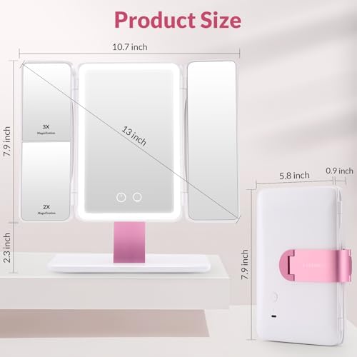 EASEHOLD Foldable Travel Tri fold Lighted Makeup Vanity Mirror with Lights