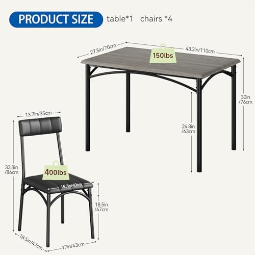 IDEALHOUSE Dining Table Set for 4, Kitchen Table and Chairs for 4 with Upholstered Chairs, 5 Piece Rectangular Kitchen Table Set, Dining Room Table Set for Small Space, Apartment, Retro Gray