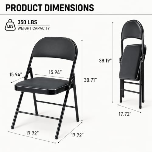 Black Folding Chairs with Cushion 6 Pack, Folding Chairs with Back Padded and...