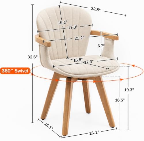 LUNLING Swivel Dining Chairs Set of 4 with Arms Mid Century Modern Beige Charcoal Linen Look Fabric Kitchen Chairs,Bamboo Wood Legs Side Chairs No Wheels,Accent Chair for Offices
