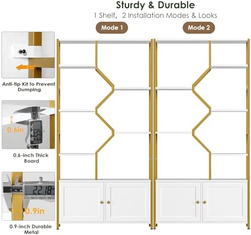 Keyluv 76" Tall White & Gold Bookshelf with Storage Cabinet