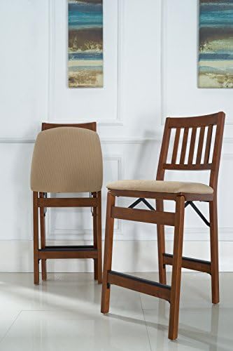 MECO Stakmore Premium Solid Wood Dining Table Folding Counter Stools Set with Fabric Padded Upholstered Seat, Espresso (2 Pack)