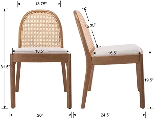 DUOMAY Mid-Century Modern Rattan Dining Chairs Set of 2, Wooden Dining Room Chair with Cane Backrest and Padded Seat, Linen Upholstered Dining Chair, Natural Finish, Beige