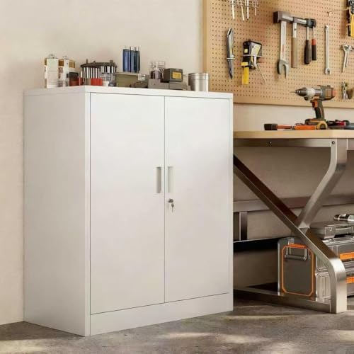 Metal Storage Cabinets，36" H White Metal Cabinet with Doors and 2 Adjustable Shelves, Lockable Storage Cabinets for Office, Home, Garage, Warehouse