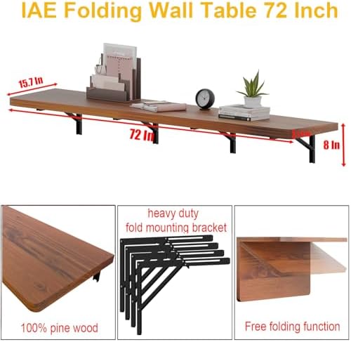 IAE Wall Mounted Folding Table with Pine Wood,72" x 16"Floating Wall Desk