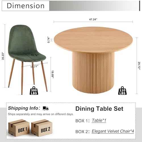 Dining Table Set for 4, Mid Century Modern 47 Inch Wooden Round Dining Table Set, Space Saving (Table + 4 Green Chairs)