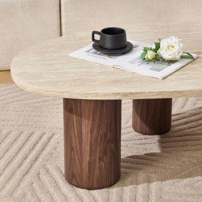 55'' Modern Oval Wood Coffee Table for Living Room, 3 Walnut Accent Legs