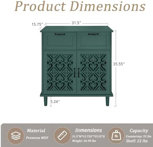 Green Buffet Sideboard Cabinet with 2 Doors 2 Drawers- Accent Cabinet with Ad...