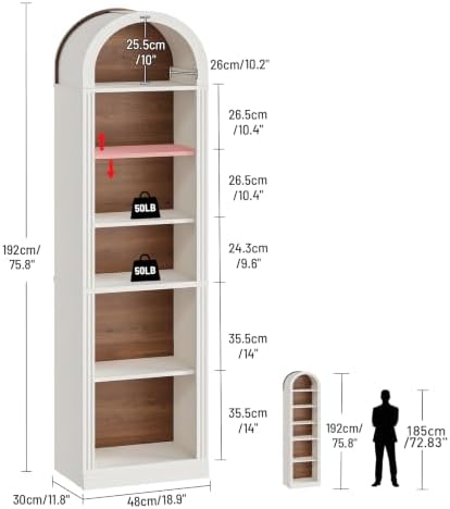 RALGEND Arched Bookshelf, 75.8" Tall Narrow Bookshelf, Arch Bookcase with Storage, 6-Tier Farmhouse Book Shelf, Wooden Arched Cabinet with Open Display Shelves, Adjustable Shelf, Walnut and White