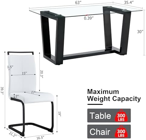 Ebullient Glass Dining Table Set for 4, Modern Dining Table Set for 4, Tempered Glass Tabletop with Black MDF Trapezoid Legs, Rectangle Kitchen Table with 4 Faux Leather Chairs for Home, Apartment