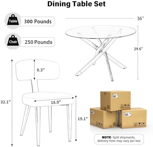Small Dining Table Set for 4, 36" Round Kitchen Table with 4 Teddy Boucle Dining Chairs, Tempered Glass Top with Metal Legs(All Black)