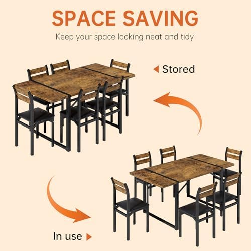 Recaceik 7-Piece Dining Table Set with 6 Chairs, 55" Wooden Kitchen Table & Chairs Set for 4-6, Dining Room Table and Chairs with Solid Metal Frame & MDF Board for Small Space, Easy Assembly, Brown