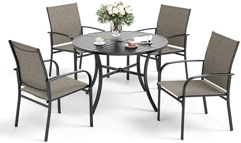 5pc Patio Dining Set for 4, Outdoor 42" Round Metal Table & 4 Brown Chairs