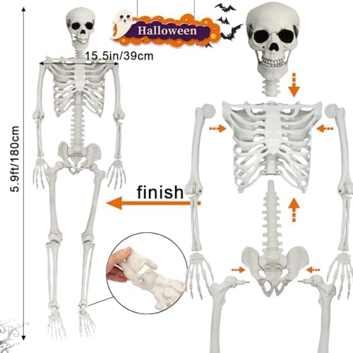 5.9FT Poseable Life Size Skeleton, Plastic Full Size Spooky Scary Skeleton with Movable Joints for Halloween Garden Party Decoration