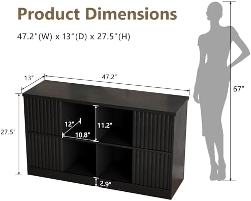 Einhomn 8 Cube Storage Organizer with Sliding Doors, Modern Fluted Bookshelf with Storage Cabinet, Wooden Bookcase with 4 Open Shelves for Living Room, Home Office, Bedroom, Black