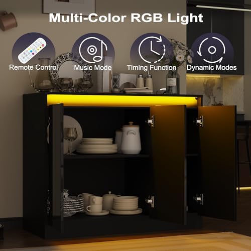Furnify High Gloss Buffet Cabinet with LED Lights & Charging Station, Black