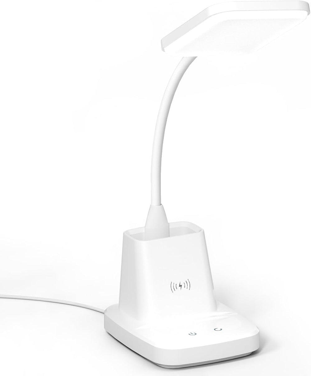 LED Desk Lamp with 10W Wireless Charging & Pen Holder, Snow White