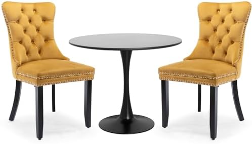 3-Pieces Dining Sets, 31.5" Round Dining Table Set with 2 Velvet Upholstered Dining Chairs,Wooden Legs Design for Kitchen Dining Room Apartment Small Space(1 Black Table with 2 Gold Chairs)