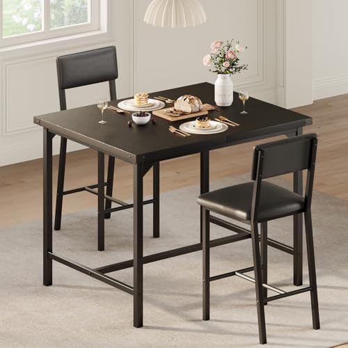 GarveeHome Dining Table Set for 2 with Corner Protector, Kitchen Table Set w/Footrest & Backrest, Counter Height Table with 2 Upholstered Bar Chairs, for Small Space, Retro Black