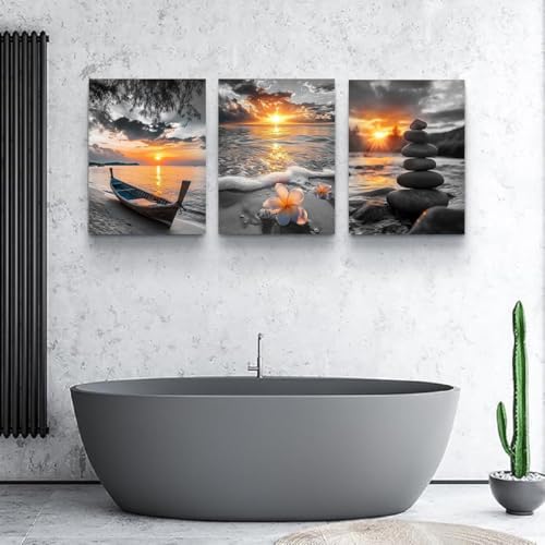 Yxbhhym Beach Bathroom Wall Art Black and White Gold Wall Decor Ocean Canvas ...