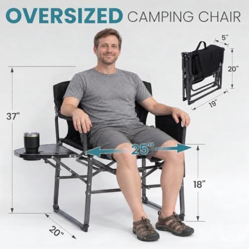 FUNDANGO Oversized Director Chair,Padded Camping Chair with Side Table