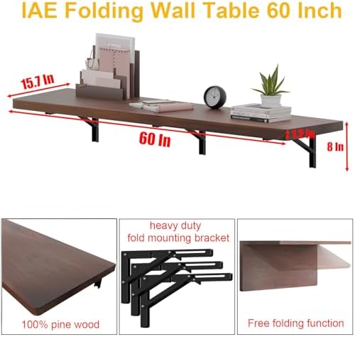 IAE Wall Mounted Folding Table with Pine Wood,60" x 16"Floating Wall Desk