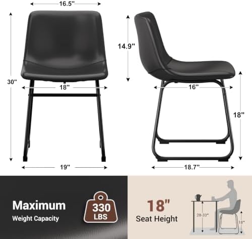 Dining Chairs Set of 2, 18in PU Leather Modern Kitchen Chairs, Black