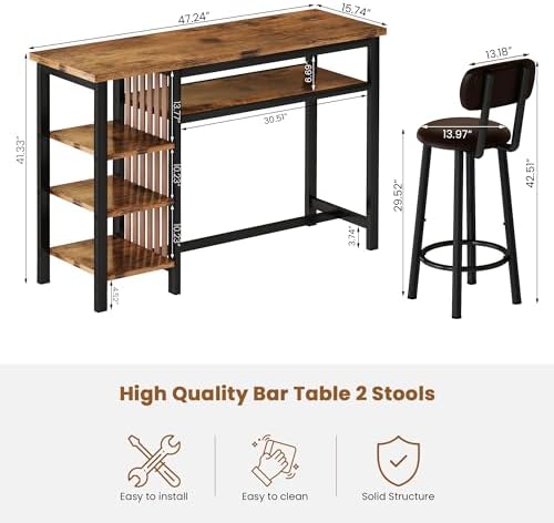 Recaceik 47" Bar Dining Table Set for 2, 3 Piece Bar Table and Chairs Set, Kitchen Counter Height Dining Table Set, Small Kitchen Bar Table with Storage & 2 Stools, Breakfast Nook Set for Small Space