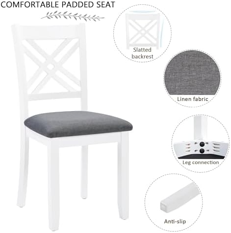 Harper & Bright Designs 58.5" Lx34.5 W Solid Wood 7-Piece Dining Table Set for 6, Grey White Two-Tone Kitchen Dining Room Set with 6 Upholstered Chairs, Rubber Wood Frame, 330LBS Capacity