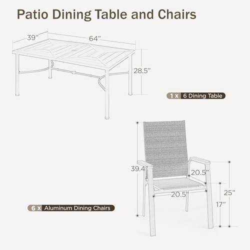 PHI VILLA Outdoor Dining Set for 6, Metal Table w/Aluminum Chairs, Blue