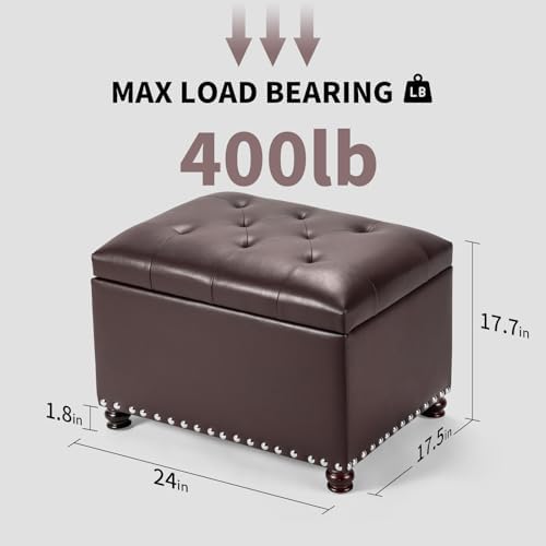 Joveco Faux Leather Storage Ottoman Bench Rectangle 24 Inch Foot Rest Ottomans (Brown)